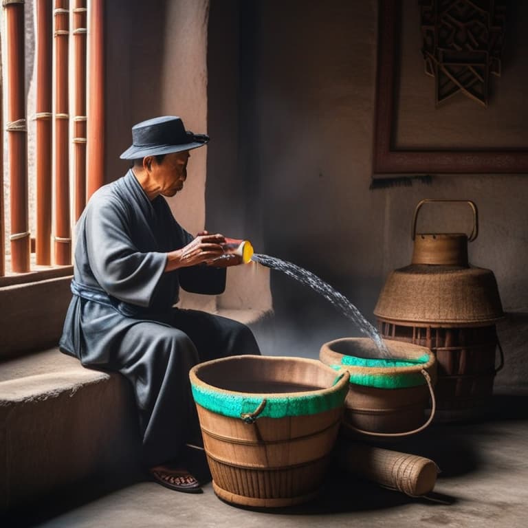  a chinese man drinking water from a bucket hyperrealistic, full body, detailed clothing, highly detailed, cinematic lighting, stunningly beautiful, intricate, sharp focus, f/1. 8, 85mm, (centered image composition), (professionally color graded), ((bright soft diffused light)), volumetric fog, trending on instagram, trending on tumblr, HDR 4K, 8K