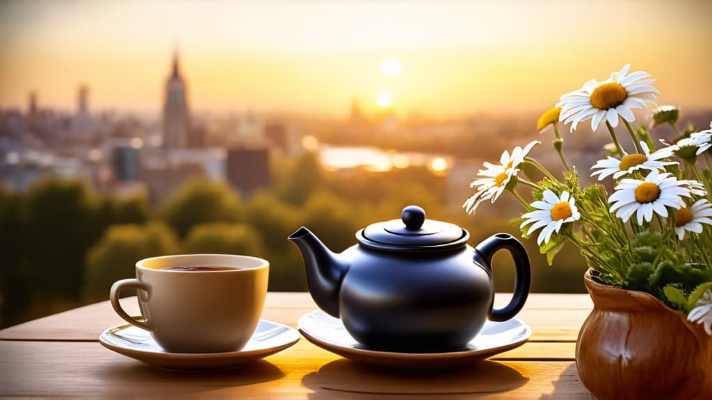  a tea pot sitting on top of a wooden table next to a cup of coffee, digital art, daisies, city sunset, city views, elaborate composition, city depth of field, artistic photography, on a table, beautiful flowers, ultra hd wallpaper ar 16:9 {prompt}, maximum details