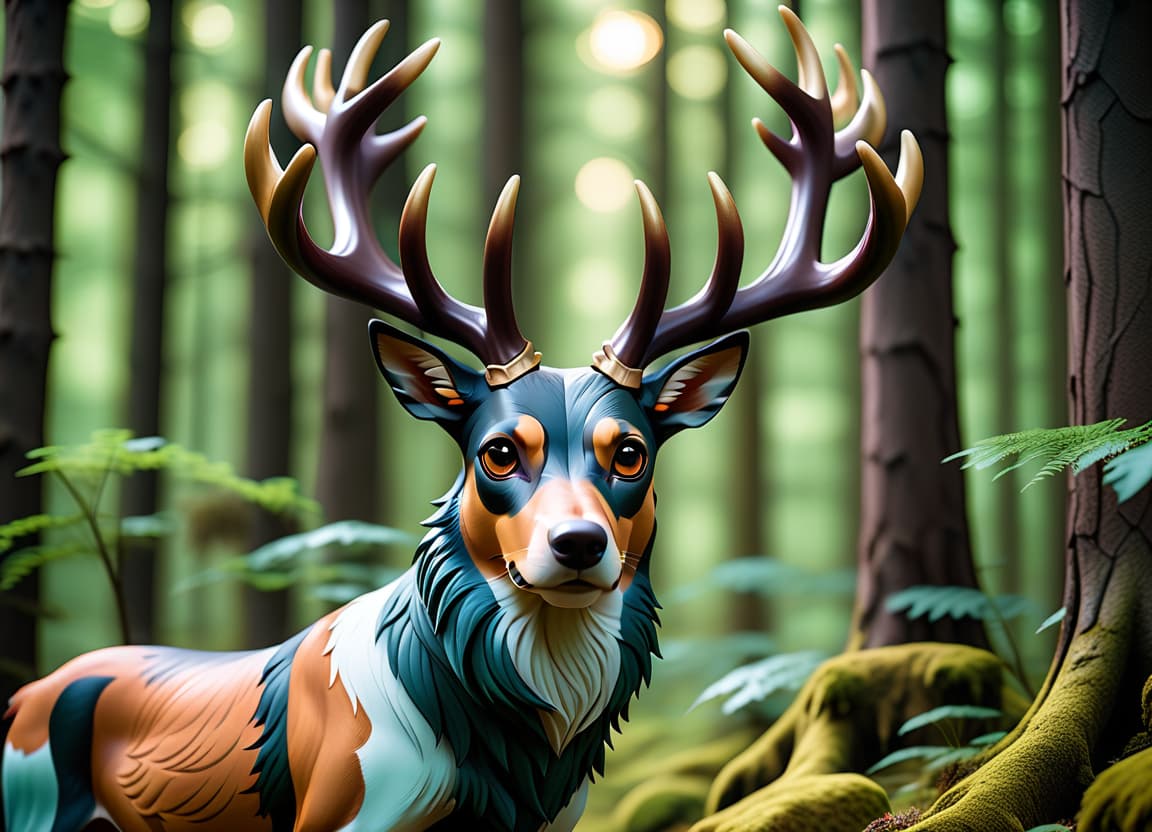  cinematic photo animal, mythical animal, dog with full stag horns, forest, dog, forest spirit animal, forest spirit, patterns, unusual color, full height, stands sideways . 35mm photograph, film, bokeh, professional, 4k, highly detailed