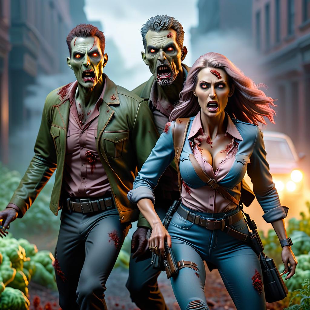  two people flee from zombie infected mutants hyperrealistic, full body, detailed clothing, highly detailed, cinematic lighting, stunningly beautiful, intricate, sharp focus, f/1. 8, 85mm, (centered image composition), (professionally color graded), ((bright soft diffused light)), volumetric fog, trending on instagram, trending on tumblr, HDR 4K, 8K