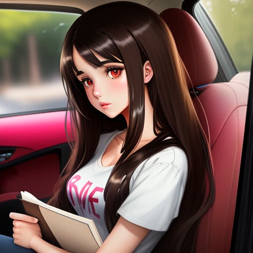  beautiful brunette girl with long hair, located inside the car, drawing in the style of anime