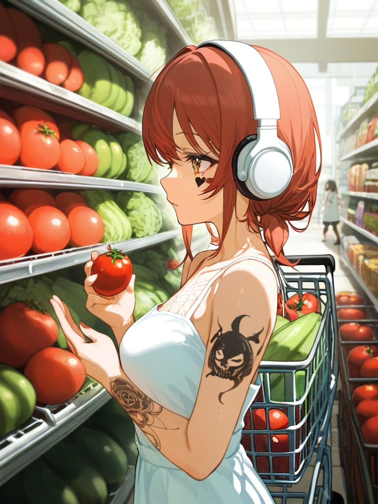  with tomatoes, blond ponytails, white headphones, heart tattoo on their arms, girls wearing white dress dresses, shopping carts, shopping carts, gestures, shopping cart containing eggplant and celery, the upper arm. tattooing, spider web tattoos, headphones, black tattoos, heart shaped tattoos on arms, white headphones, brighter hands, black tattoo on the cheeks, 2 heart tattoos, arms, white headphones., masterpiece, best quality,8k,ultra detailed,high resolution,an extremely delicate and beautiful,hyper detail