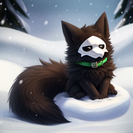  Puro, Brown fur, anthro, fur, fluffy, big tail, fluffy tail, sitting, snow background, snow on fur, dirty fur, green collar, cute, sleeping, open eyes, digital art, masterpiece, 4k, fine details,