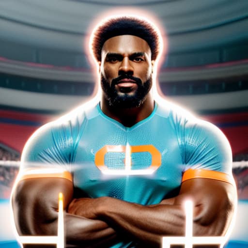  Design a larger-than-life NFL superstar turned professional wrestler for the popular video game WWE2K24. Apply the Following Styles: Arte Povera hyperrealistic, full body, detailed clothing, highly detailed, cinematic lighting, stunningly beautiful, intricate, sharp focus, f/1. 8, 85mm, (centered image composition), (professionally color graded), ((bright soft diffused light)), volumetric fog, trending on instagram, trending on tumblr, HDR 4K, 8K