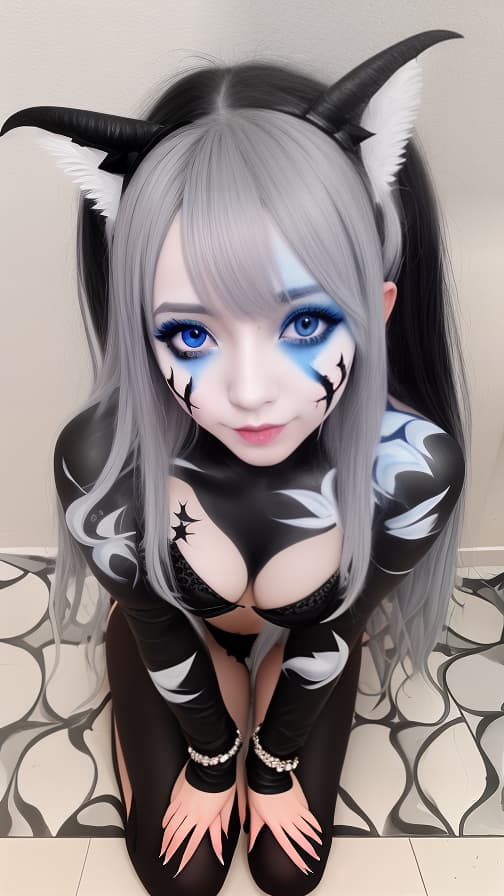  Black and White flame pattern body paint in every corner of the whole body, blue body paint full body, Grey face paint on the face, two succubus sisters, full body image 女性