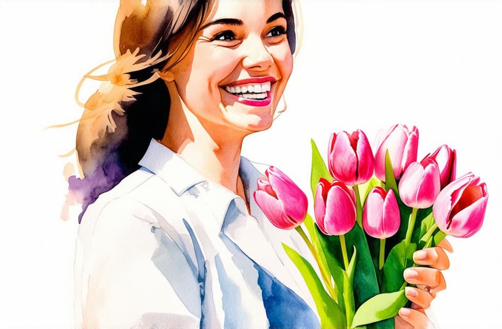  artwork beautiful woman smiling, happy, holds a bouquet of pink tulips in her hands, space for text, white background, photo ar 3:2, watercolor techniques, featuring fluid colors, subtle gradients, transparency associated with watercolor art