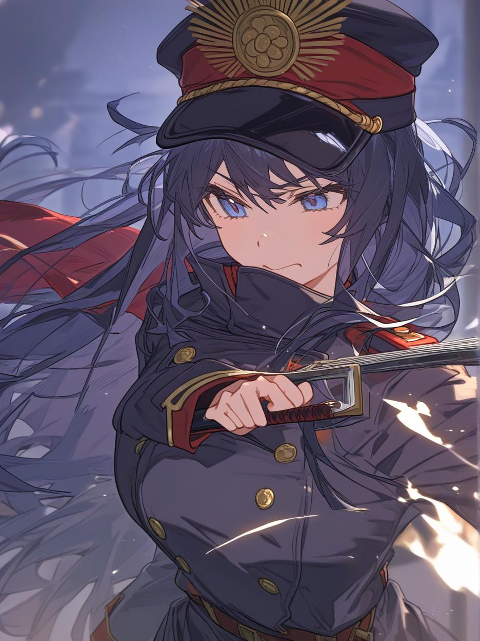  oda nobunaga from fate. her outfit that looks like a military uniform is something she prepared as a hobby when she was drafted as a servant. with a black hat with red details. gold details on his military outfit, red uniform. she has light blue eyes, silver and cyan blue hair, very long. menacing sword, larger and sharper sword. menacing expression, hunter's eyes. details, 8k. . best quality, high resolution