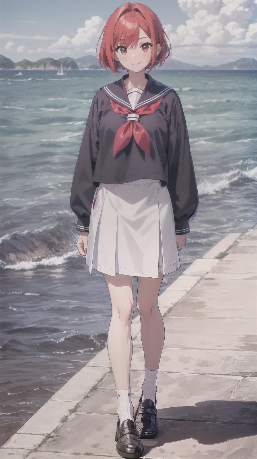  master piece , best quality,i am a girl. i have red hair. my hairstyle is asymmetrical. it's a short cut. i have a very cute face. i have big red eyes. i have prominent canine teeth. i am always smiling. i am wearing a sailor uniform. the background is the sea. it's a full body illustration. i am wearing loafers and socks. i have a very youthful face. i am short.