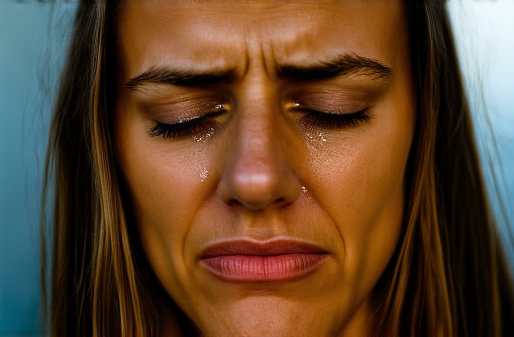  young sad caucasian woman crying with tears streaming down her cheeks. emotional breakdown, closed eyes and closed mouth ar 3:2, (natural skin texture), highly detailed face, depth of field, hyperrealism, soft light, muted colors