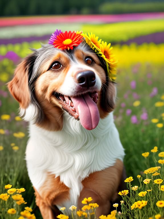  the happiest dog in the world, background flower field, cute , furry , expressive , by seth casteel , carli davidson , rachael hale mckenna, kaylee greer, sophie gamand