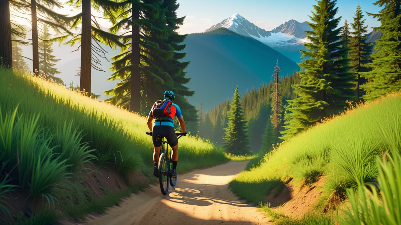  a vibrant outdoor scene featuring a mountain biker navigating a winding trail through lush greenery, with majestic mountains in the background, sunlight filtering through the trees, and a sense of adventure in the air. hyperrealistic, full body, detailed clothing, highly detailed, cinematic lighting, stunningly beautiful, intricate, sharp focus, f/1. 8, 85mm, (centered image composition), (professionally color graded), ((bright soft diffused light)), volumetric fog, trending on instagram, trending on tumblr, HDR 4K, 8K