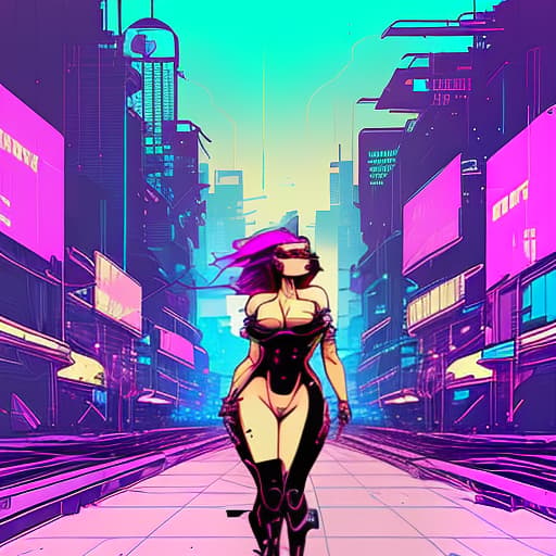 nvinkpunk a half naked pretty girl with wide hips and a large bust runs down an empty carriageway in a big metropolis of the future