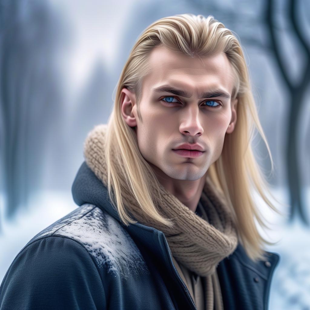  tall, brutal young man blond with long moist hair, predatory, harsh, seductive and alluring look, strong willed chin, sunken cheeks and high cheekbones, smooth face, in winter clothes, in winter atmosphere, hyperrealism, good quality, clear lines, 8k, hdr, hdrs+,