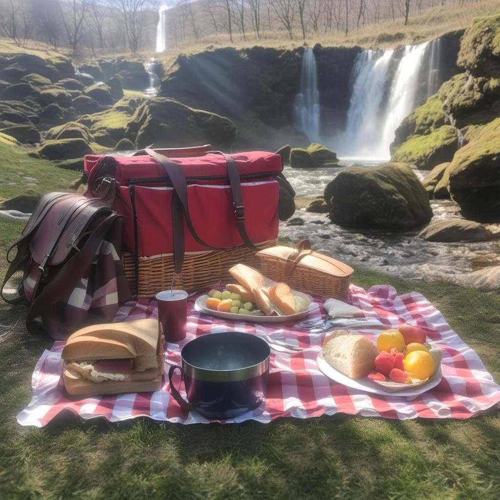  picnic with waterfall behind