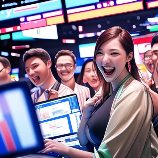  Traders rejoicing after big win, computers with stats in background