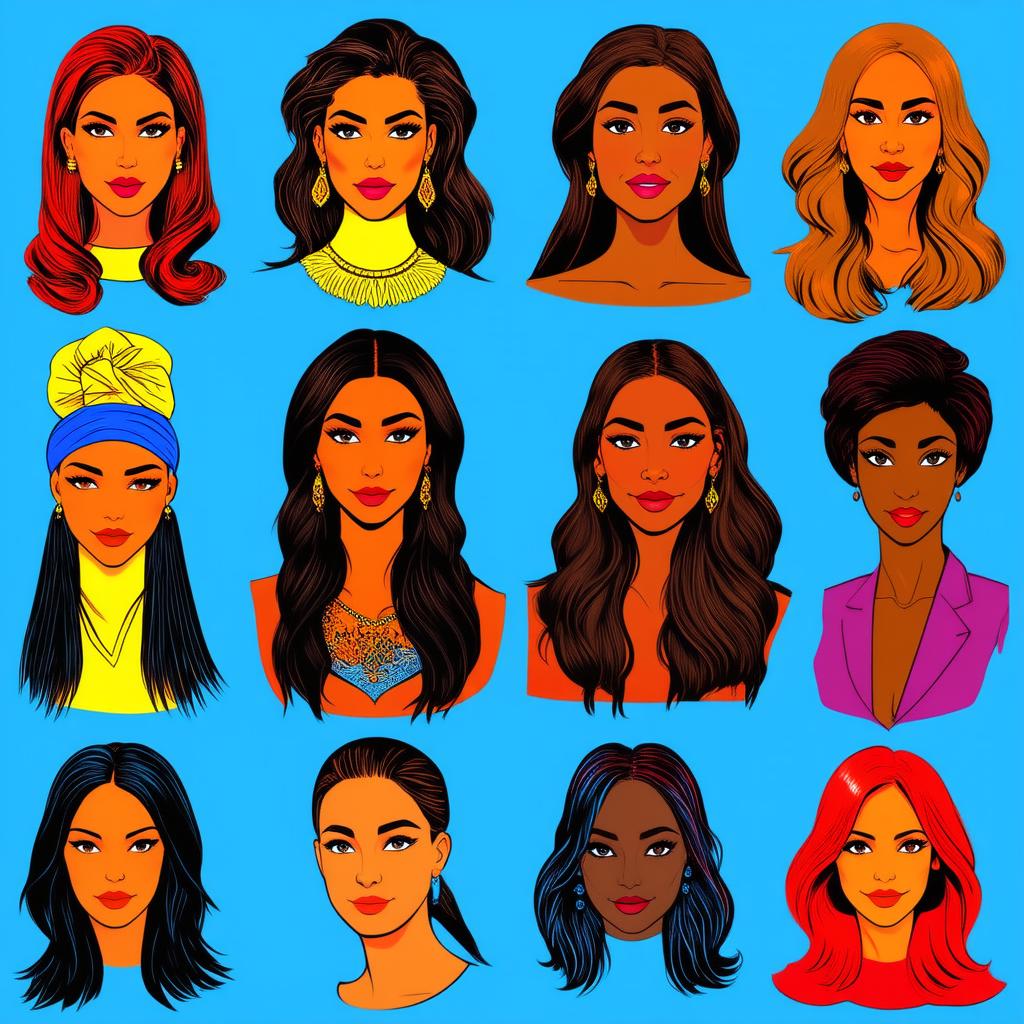  different beauty. set of different female heads. different races and nationalities. colored hand drawn illustration {prompt}, maximum details