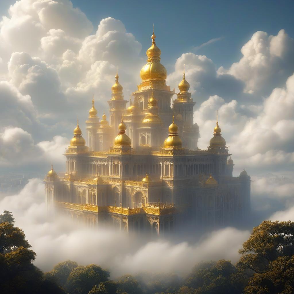  fog city. golden city. a large palace surrounded by clouds.