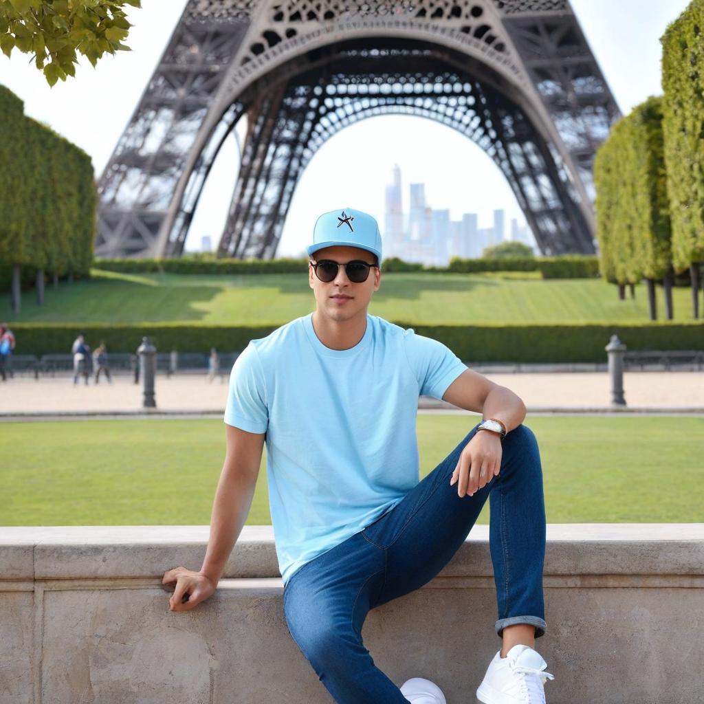  a person dressed in casual attire standing in front of the eiffel tower. the person is wearing a light blue t shirt, dark blue jeans, and white sneakers.