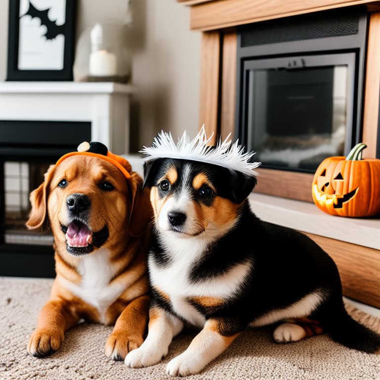  A ultra photorealistic image of a cute dog and a cute cat dressed up for Halloween, they are sitting side by side on a living room floor in front of a fireplace, the living room is decorated for Halloween and is focused, sharp, sharp contrast, ultra hd, resembling professional photography.