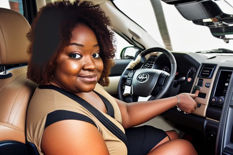  Fat black female driving a Toyota hilux pickup truck that has big light tan leather seats