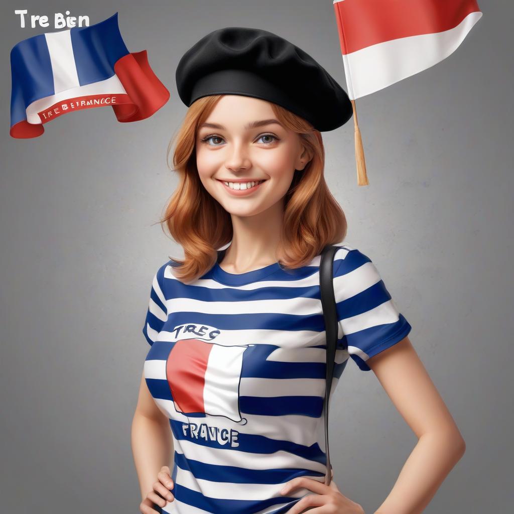  vector image, smiling face, cartoon, striped t shirt, black beret, the inscription "tres bien", the colors of the flag of france