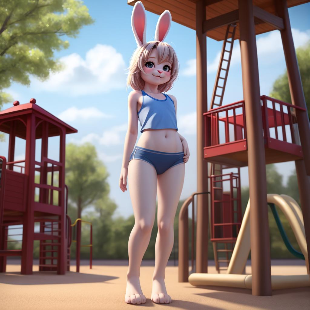  Female bunny anthro, hot, tank top, mini , no , bunny tail, full body, , young, lewd, in view, over, playground, open eyes, masterpiece, 4k, fine details,