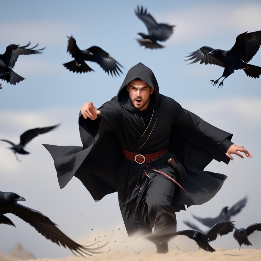  a dungeons & dragons monk being attacked by ravens photo realistic, highly intricate and detailed, masterpiece, ultra high res,photography,8k resolution