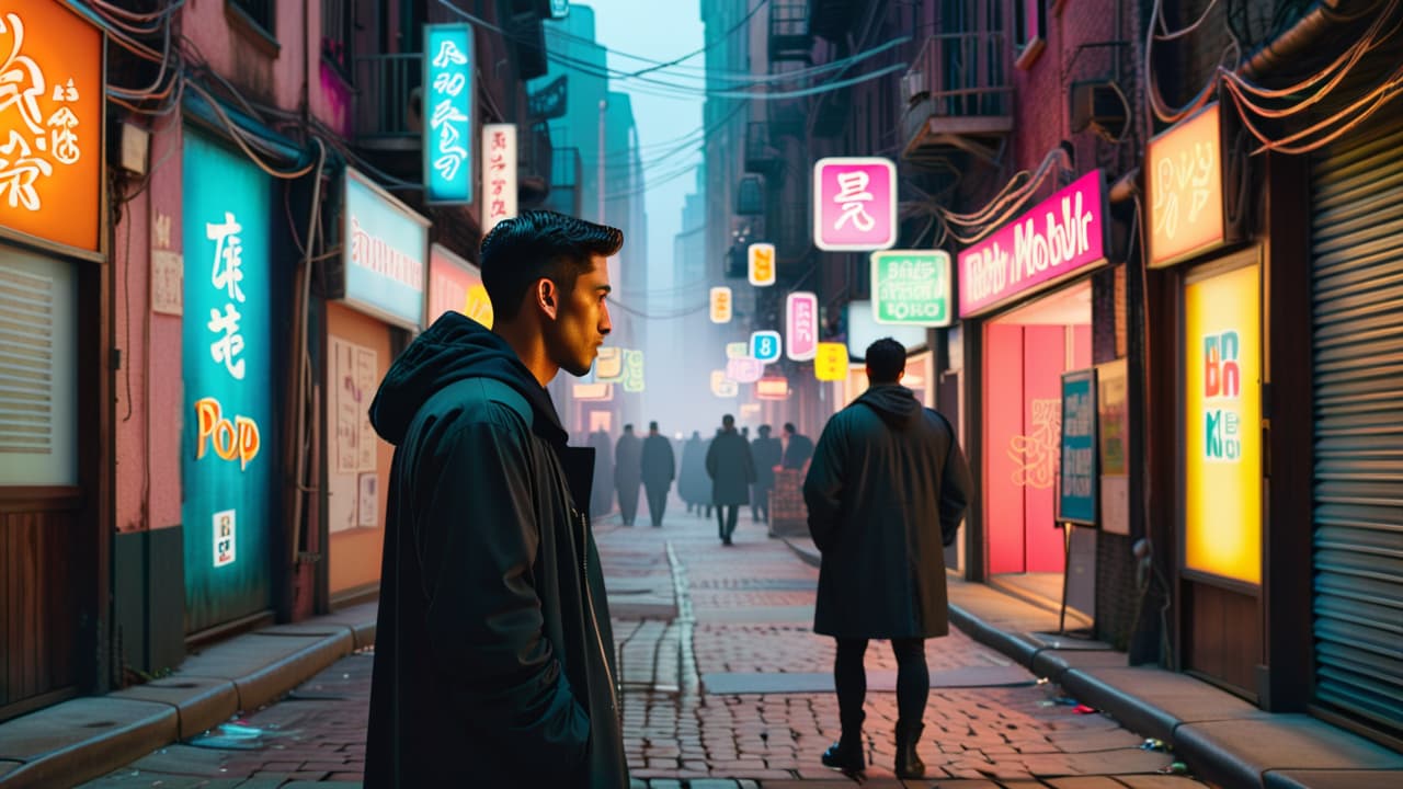  a shadowy figure in a bustling city alley, illuminated by flickering neon signs, surrounded by scattered urban artifacts like smartphones and social media icons, while ghostly whispers swirl around, hinting at hidden stories. hyperrealistic, full body, detailed clothing, highly detailed, cinematic lighting, stunningly beautiful, intricate, sharp focus, f/1. 8, 85mm, (centered image composition), (professionally color graded), ((bright soft diffused light)), volumetric fog, trending on instagram, trending on tumblr, HDR 4K, 8K