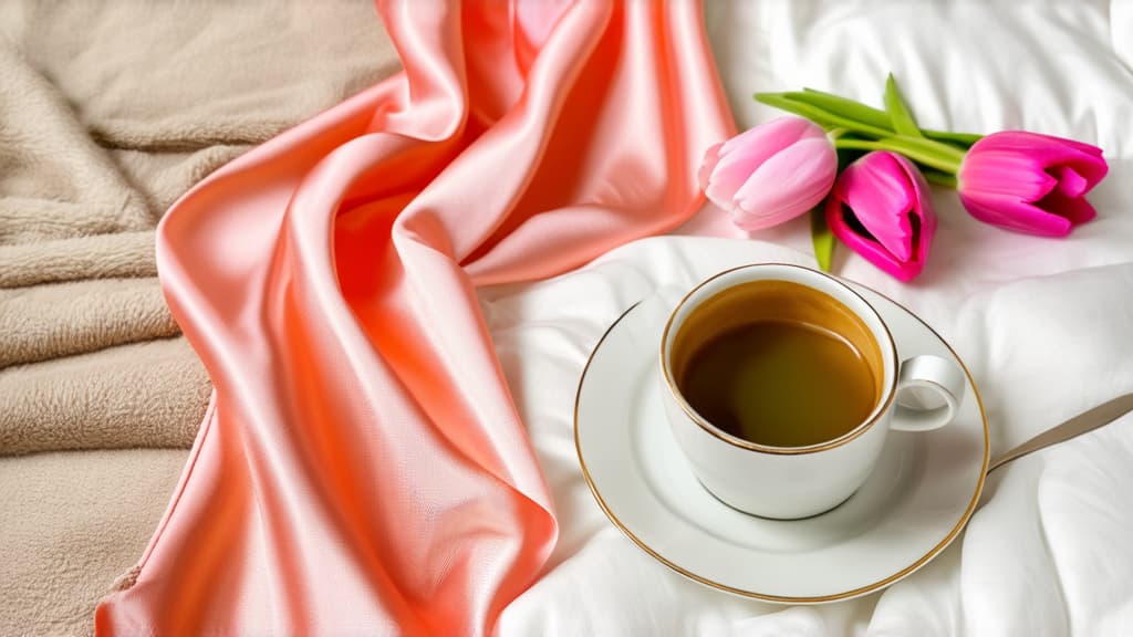  a cup of coffee and some pink tulips on a bed, romanticism, flowing salmon colored silk, pastel pink skin tone, beige, bed is not made, covered with blanket, with a white ar 16:9 {prompt}, maximum details