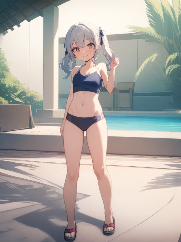  women's elementary students (male), twin tails, cute smiles, (rich s), low stature, dark blue swimwear, old swimwear, , simple, male crotch s, swelling, (upward) , male stick, , sharp , front, whole body, pool side,