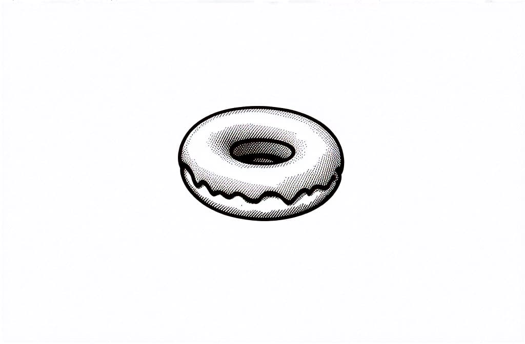  contour, very simple image in one unbroken black ink line, single line of donut, engraving illustration, icon isolated on white background ar 3:2 using a single continuous black line ink brushon white background, drawing should be created without lifting the pen, recognizable features of donut, engraving illustration, icon isolated on white background ar 3:2 in one unbroken line