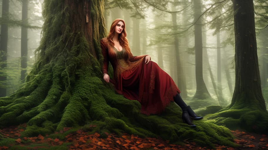  a leans against the tree trunk hyperrealistic, full body, detailed clothing, highly detailed, cinematic lighting, stunningly beautiful, intricate, sharp focus, f/1. 8, 85mm, (centered image composition), (professionally color graded), ((bright soft diffused light)), volumetric fog, trending on instagram, trending on tumblr, HDR 4K, 8K