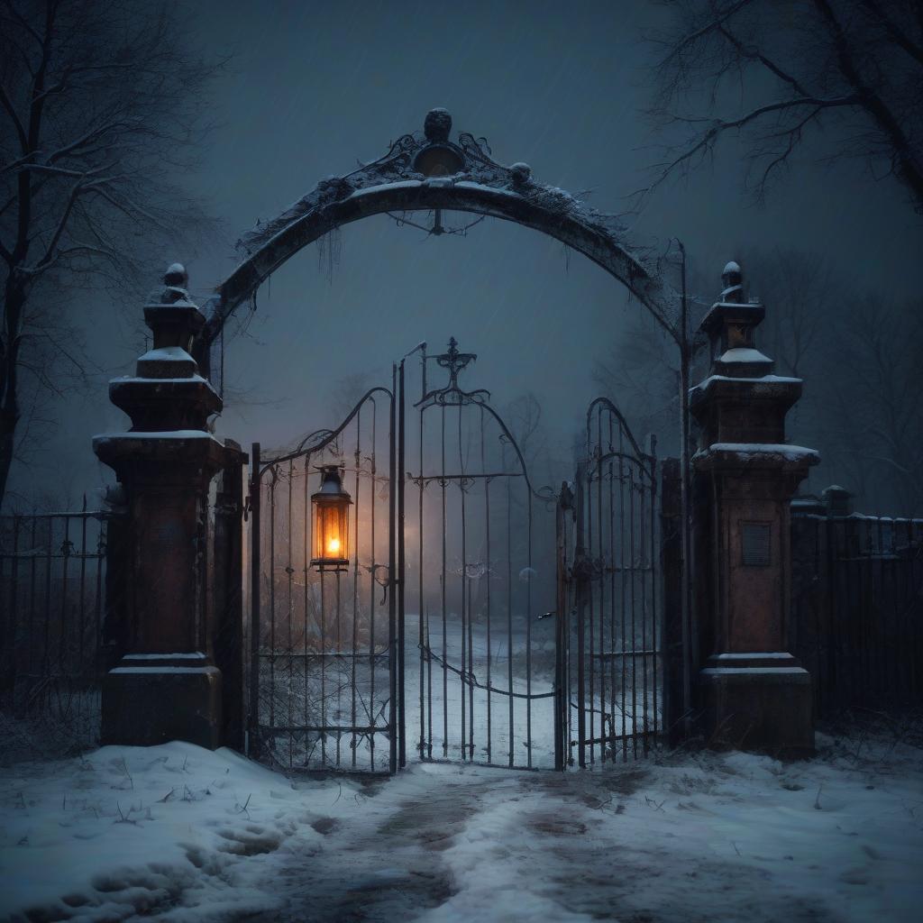  it's windy at night. a huge ominous abandoned old cemetery. a lone bright lantern burns on the gate. rain with snow. the dilapidated gate is closed with a rusty chain.