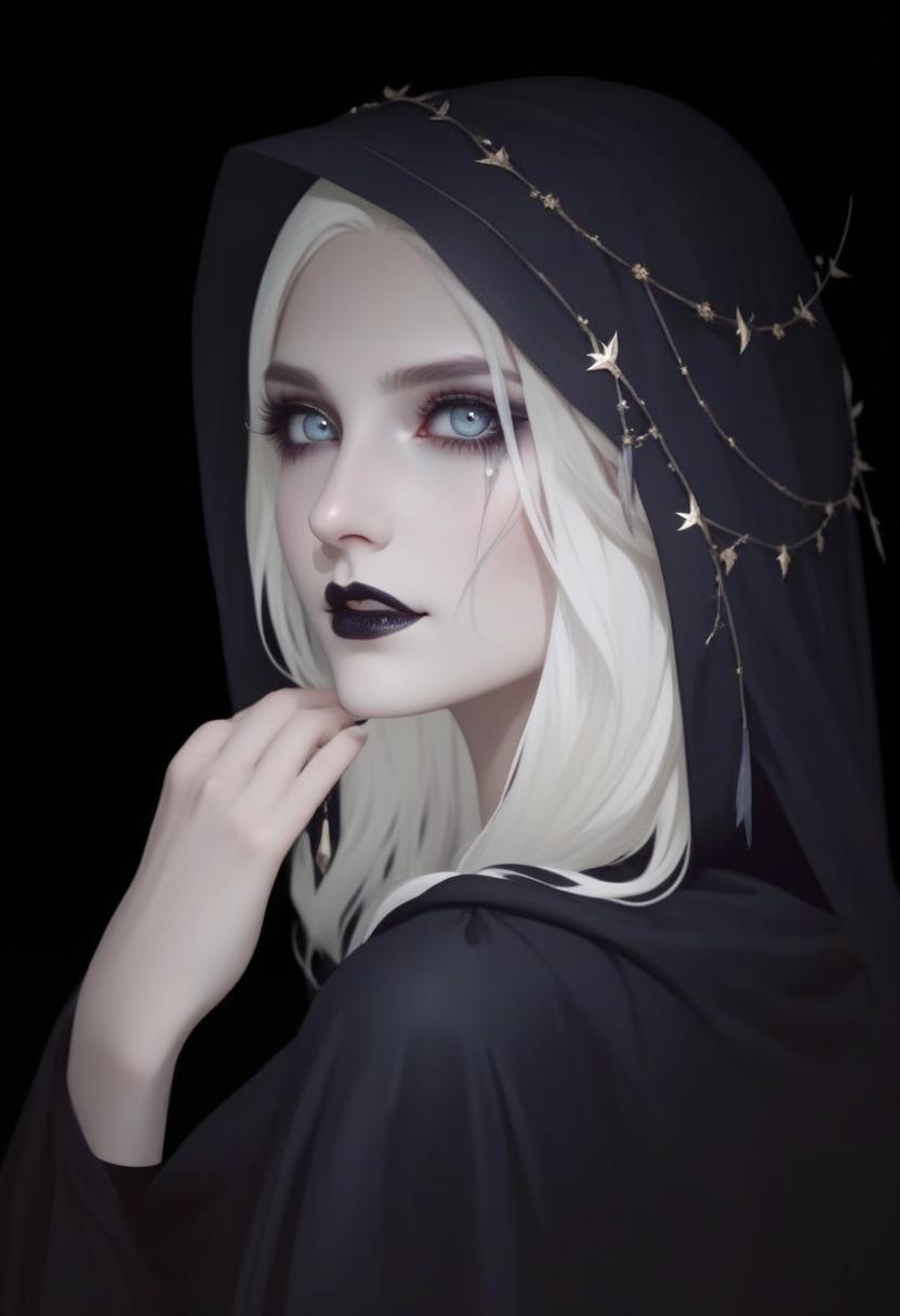  cinematic photo portrait, pale elven female, white hair and eyes, with black fethered wreath, standing with her back in a half turn, abstract background, dark and depressing, gothic makeup . 35mm photograph, film, bokeh, professional, 4k, highly detailed, perfect hands