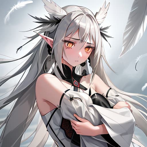  a girl with white eyes and long gray hair with feathers near her ears hugs a tornado, detailed skin texture, (blush:0.5), (goosebumps:0.5), subsurface scattering