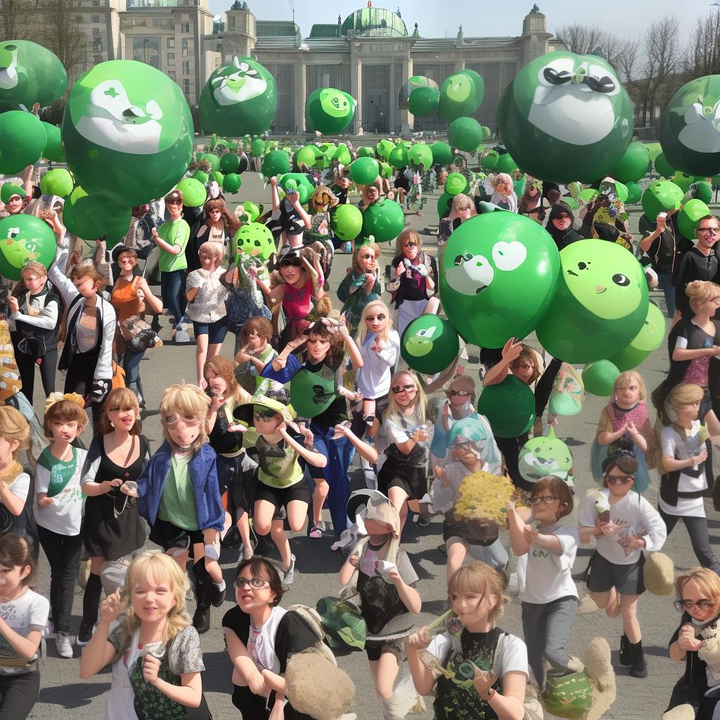  masterpiece, best quality, Grüne, kleine, Kobolde und Trolle mit langen spitzen Ohren und kugelrunden Augen seilen sich aus spinnenartigen UFOS über Berlin ab und tanzen einen Flashmob.