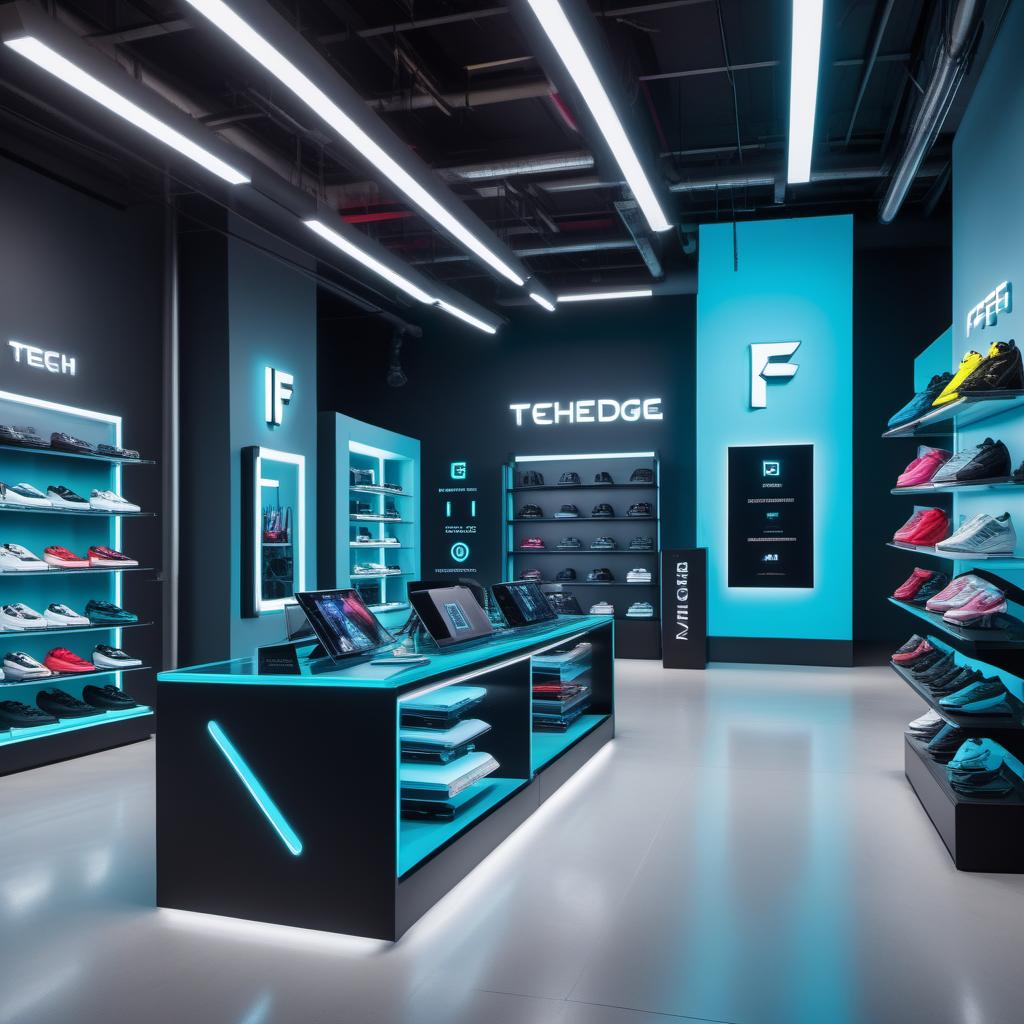  A modern, edgy tech store branding visualization with the name 'TechEdge'. The design should incorporate a Neon and Dark color theme. The primary colors should be Neon Green (#39FF14) and Electric Blue (#7DF9FF). The secondary colors should be Dark Graphite (#2A2A2A) and Charcoal (#4A4A4A). Include accent colors like Neon Yellow (#FFFF33) and Bright Cyan (#00FFFF). The logo should have a tech-inspired design, and the store elements should reflect a sleek, modern, and futuristic aesthetic. Include sample elements like a homepage banner, product category icons, and a color palette swatch. hyperrealistic, full body, detailed clothing, highly detailed, cinematic lighting, stunningly beautiful, intricate, sharp focus, f/1. 8, 85mm, (centered image composition), (professionally color graded), ((bright soft diffused light)), volumetric fog, trending on instagram, trending on tumblr, HDR 4K, 8K