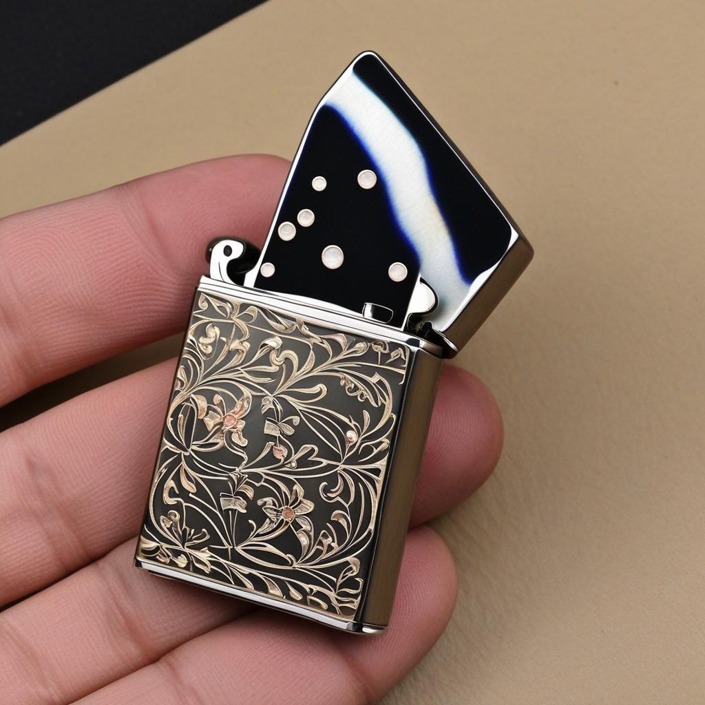  masterpiece, best quality,Draw a Zippo kerosene lighter metal shell decorated with mother-of-pearl craft and place the lighter on a table