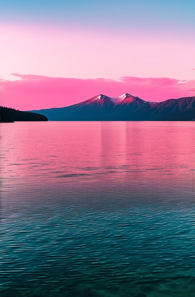  professional detailed photography, scenic mountain landscape with tranquil water reflecting a vibrant pink sunset sky, breathtaking nature background ar 2:3, (muted colors, dim colors, soothing tones), (vsco:0.3)