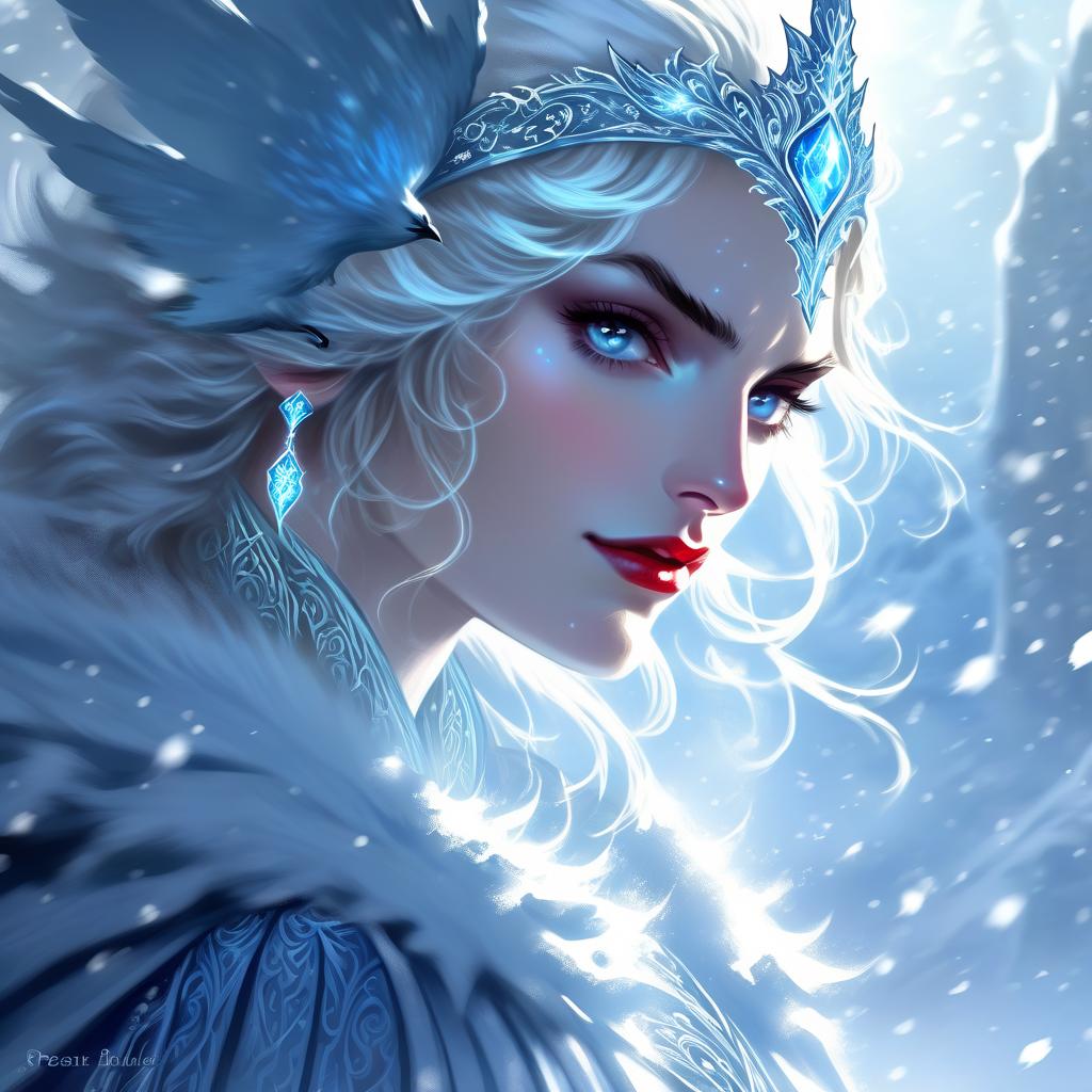  ethereal fantasy concept art of ((i am the sword's dream, farewell flame)), the raven's food. ((and you will dance with me from now on, youngest son of the king)) .((winter sun)). incredibly beautiful, ((blue white, as if moulded from snow)) . ((her scarlet lips trembled, her coal lashes fluttered)) , her fingers reached for (a string of pearl beads)). (style):fantasy, fairy tale, scottish legends, high quality, close up, ice, wind, blizzard.fine, fine fractal glitter bright ice line ink sketch on black background, (ice pixie silhouette:1.3), ice outline outline, snowflake outline, ice pixie with snow wings. (ice colour):pearl grey,grey white,pearl blue,snow white. . magnificent, celestial, ethereal, painterly, epic, majestic, magical, fan