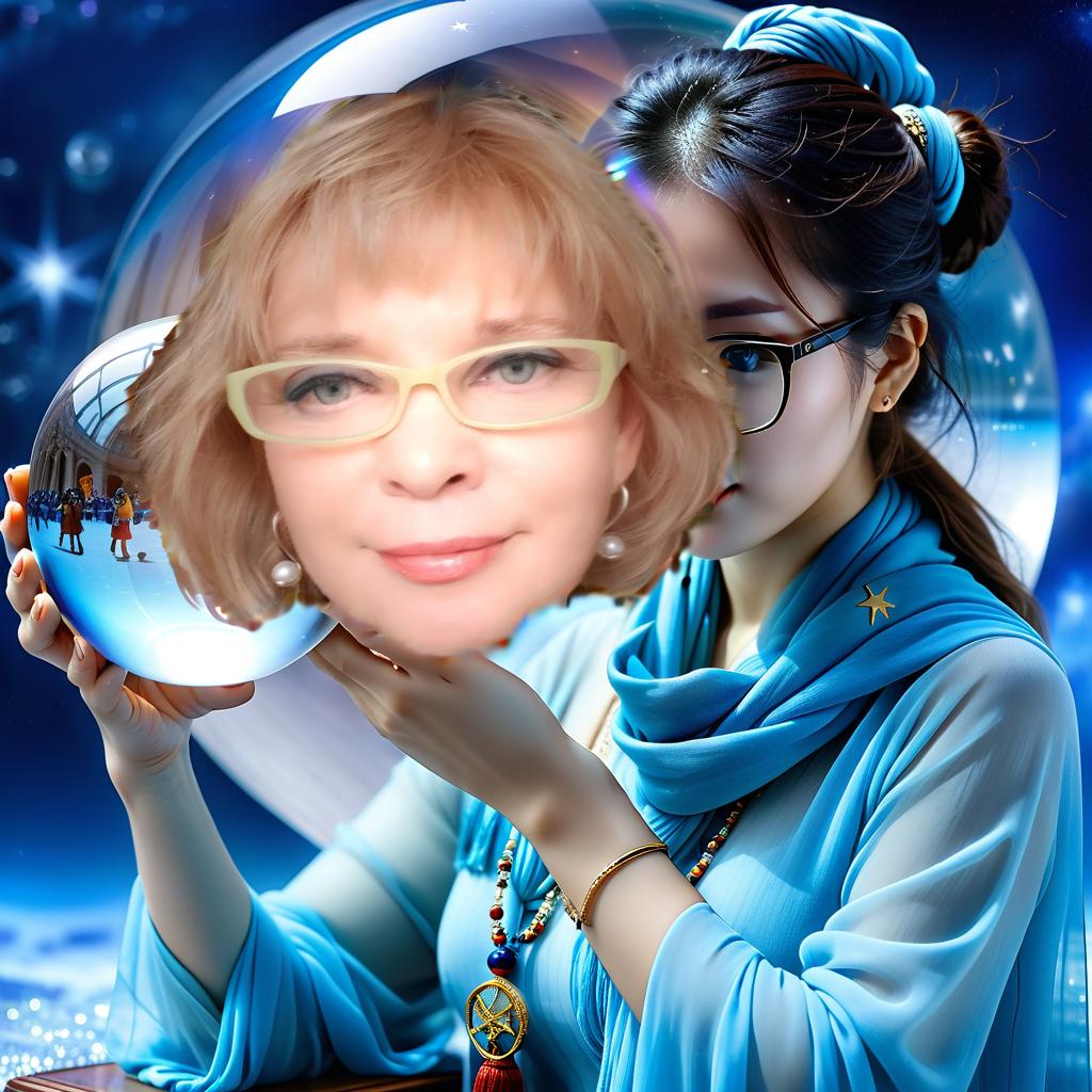  the woman has glasses on, and a scarf on the photo inside the crystal ball at the edges is surrounded by a blue haze. zodiac signs., hkmagic, civitai