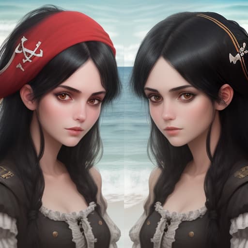  two pirate girls very close up with straight black hair, against the sea