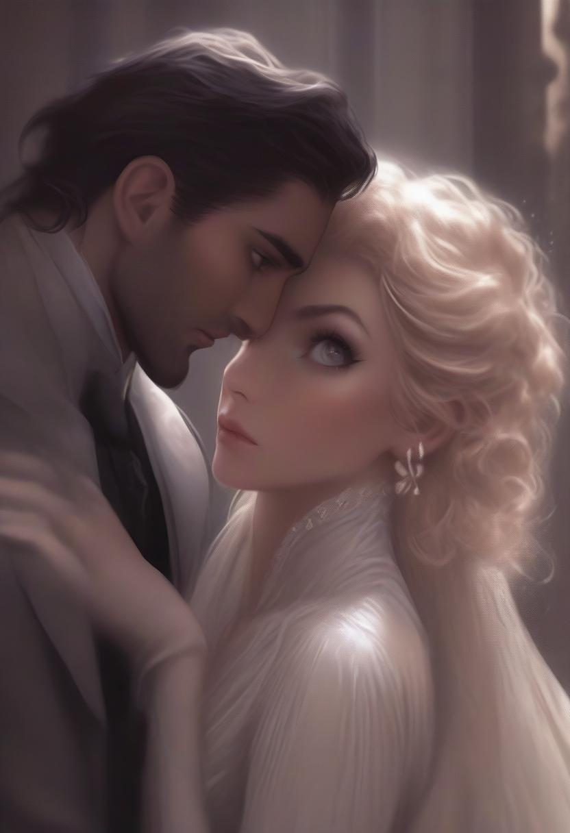  the cover of a romantic book in a modern style. a house is depicted in the background. 1 handsome man, tall, muscular, angry, dressed in a business suit, standing tall. there is 1 girl standing behind the man in a luxurious wedding dress and veil, she stands tall, she has big eyes, kawaii style. the man has black hair, the girl has blonde hair. very clear lines, ((drawn lines)). high detail, 8k, rich, sophisticated, cinematic, atmospheric. edmund blair and charlie bowater, graphics by magali villeneuve, classics of digital art in the fantasy genre by charlie bowater and mark brooks