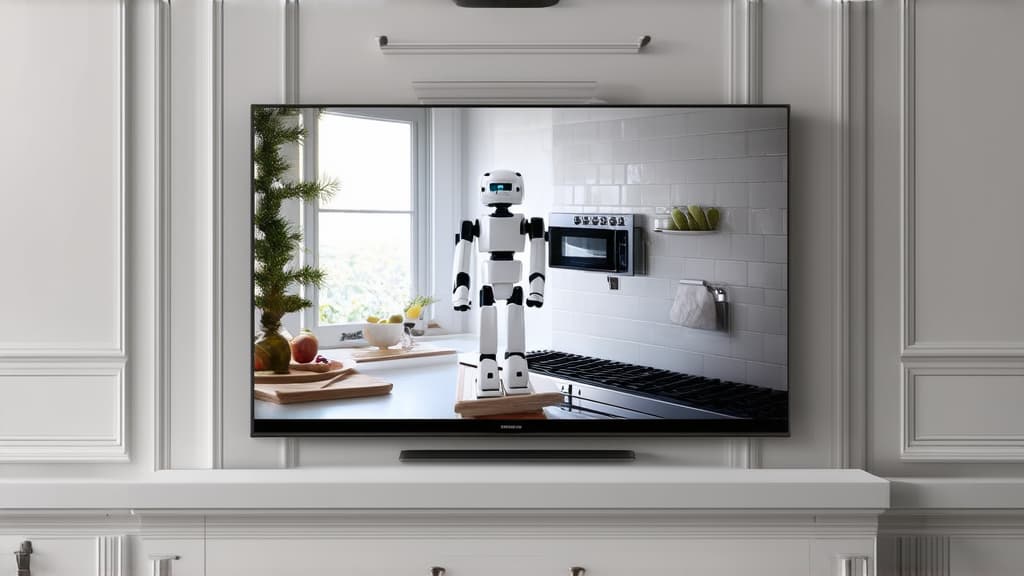  a porcelain robot, towering and slender in form, adorned with skillful craftsmanship, the frame serves as the entire scene depicting an immaculate white kitchen, an ultra high resolution image brought to resolution illuminates the details, gentle illumination pours from a natural source, ar 16:9 {prompt}, maximum details