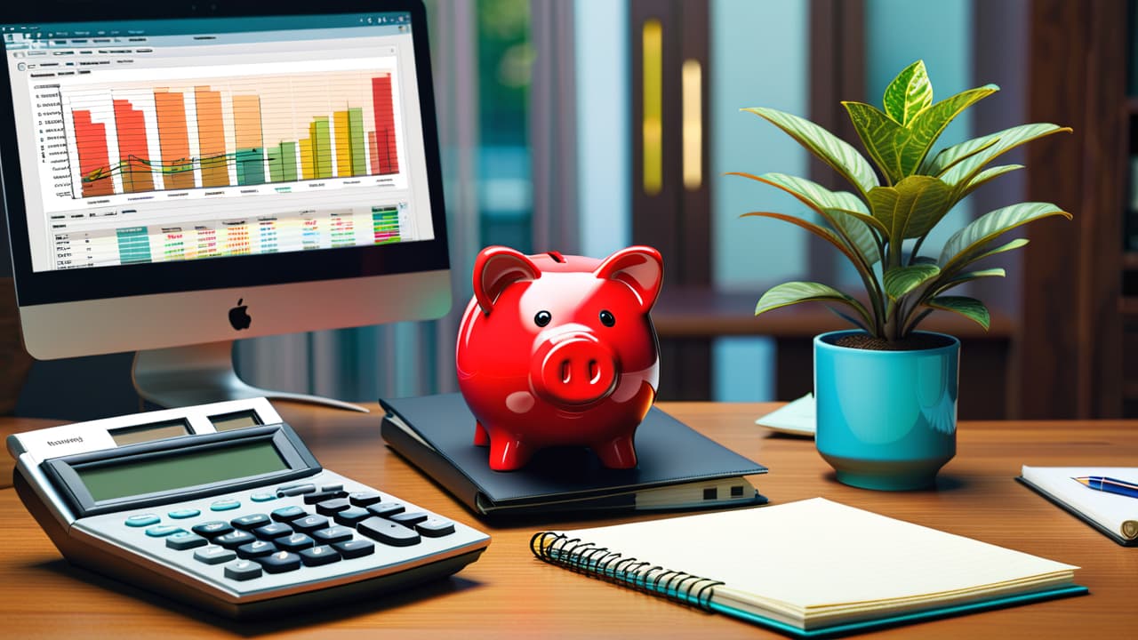  an organized desk with a calculator, a notepad filled with colorful charts, a piggy bank, a laptop displaying graphs, a clock, and a plant, symbolizing personal finance areas like budgeting, saving, investing, and planning. hyperrealistic, full body, detailed clothing, highly detailed, cinematic lighting, stunningly beautiful, intricate, sharp focus, f/1. 8, 85mm, (centered image composition), (professionally color graded), ((bright soft diffused light)), volumetric fog, trending on instagram, trending on tumblr, HDR 4K, 8K