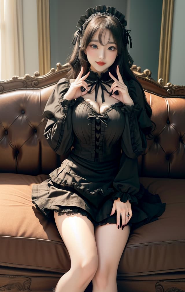  (32K, Real, RAW Photo, Best picture quality: 1.4), (((Beautiful big eyes, Double eyelids))), (((Actress: Nozomi Honda,))), (((Big smile))), (Black hair), (Wavy long hair)), Full anatomical body, (Delicate and beautiful eyes: 1. 3)), (((Couch, big thighs))) (((Couch, big thigh-open))), (((natural light)), (((Gothic Lolita fashion))), (((mini skirt))), (((thigh exposed))), (((sexy pose))), (((Gothic Lolita fashion)), (((mini skirt))) (((thigh exposed))), (((two hands Make a heart mark sign )))) hyperrealistic, full body, detailed clothing, highly detailed, cinematic lighting, stunningly beautiful, intricate, sharp focus, f/1. 8, 85mm, (centered image composition), (professionally color graded), ((bright soft diffused light)), volumetric fog, trending on instagram, trending on tumblr, HDR 4K, 8K