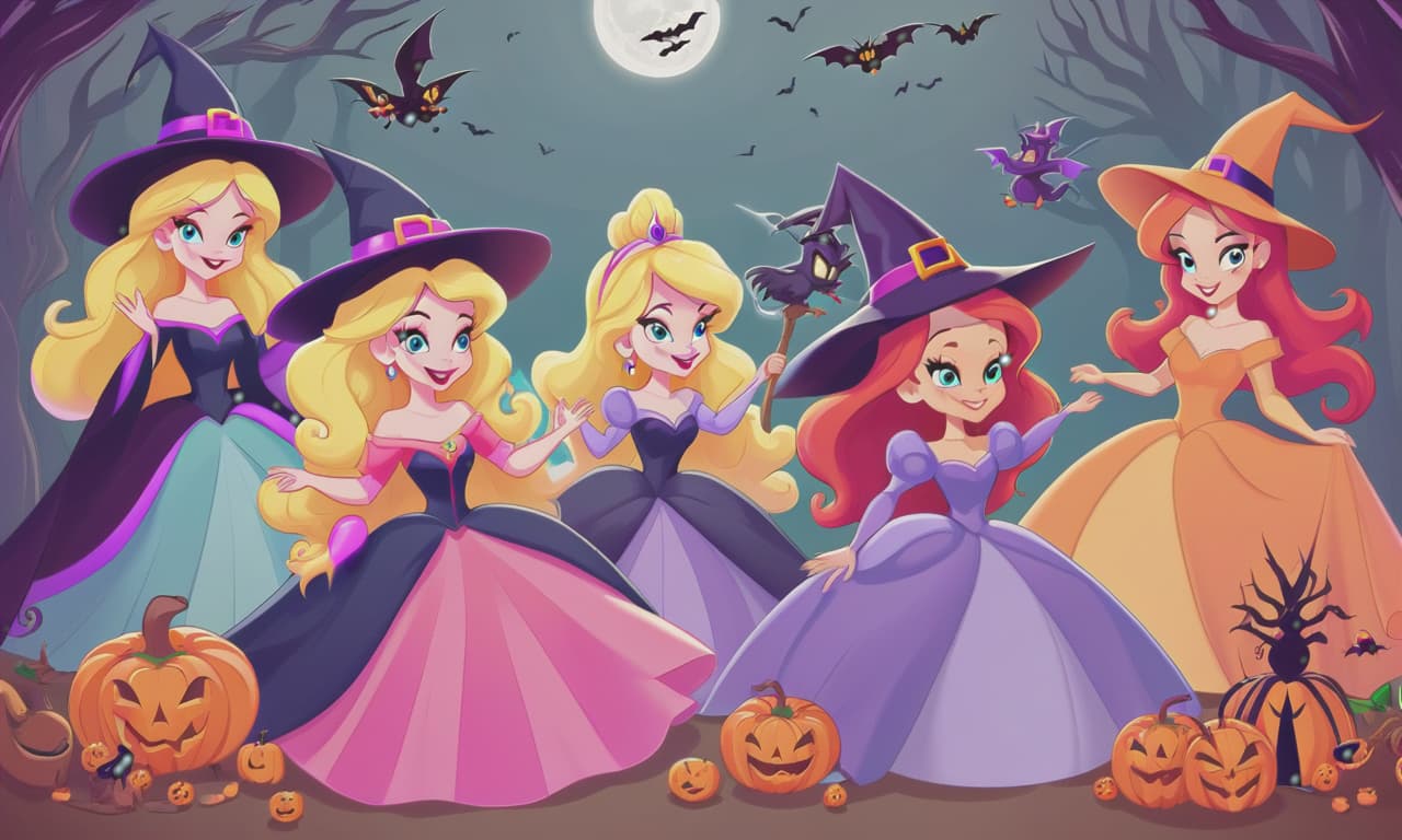  cartoon princesses playing with witches