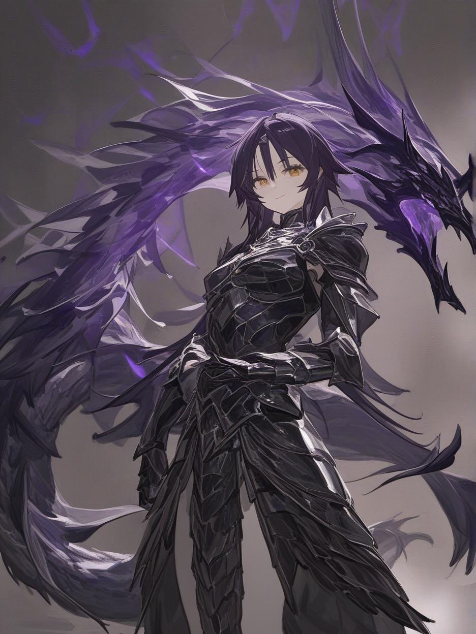  an anime photo of a half human, half dragon warrior, she has very dark purple hair, a pleasant smile, very beautiful golden eyes, a grayer skin, a light black knight armor, broken black wings, and, hands with dragon claws mixed with the armor, a long dragon tail, and other details of her dragon form mixed with her human appearance, she has a more adult and very strong body, with a slender build . best quality, high resolution