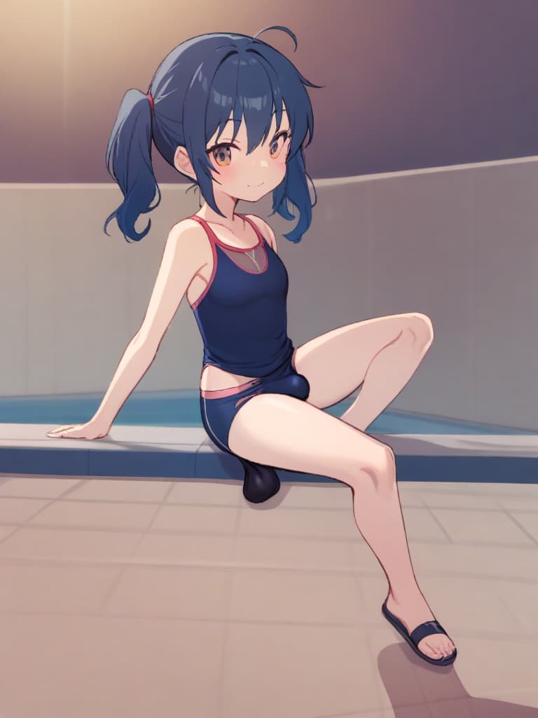  women's elementary students (male), twin tails, cute smiles, rich s, low stature, dark blue swimwear, old swimwear, , simple, , (bulge), male (bulging), front, whole body, pool side,