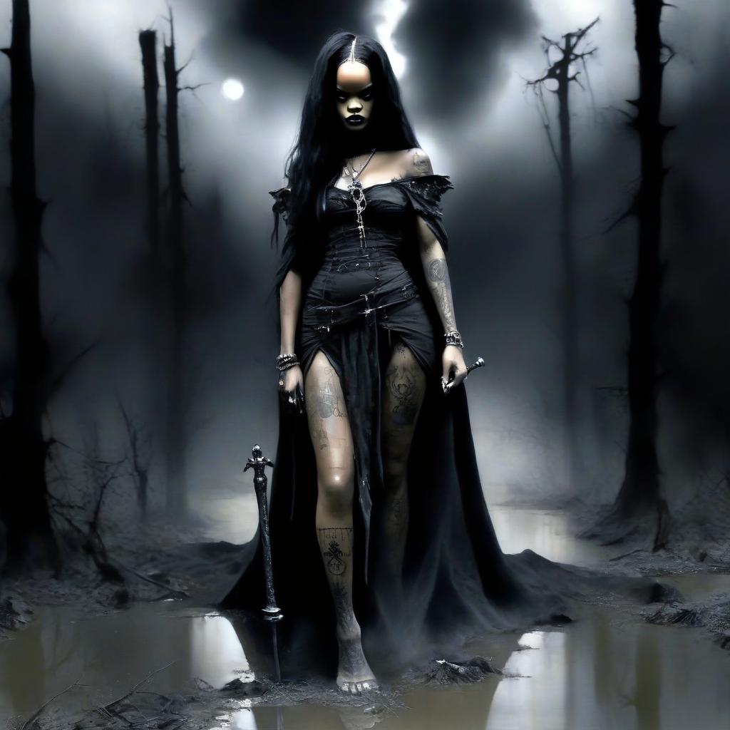  macabre style turn rihanna the wizard with a black staff in her right hand into a drawing. leave your face and hair as in the original photo. . dark, gothic, grim, haunting, highly detailed, perfecteyes, perfect hands